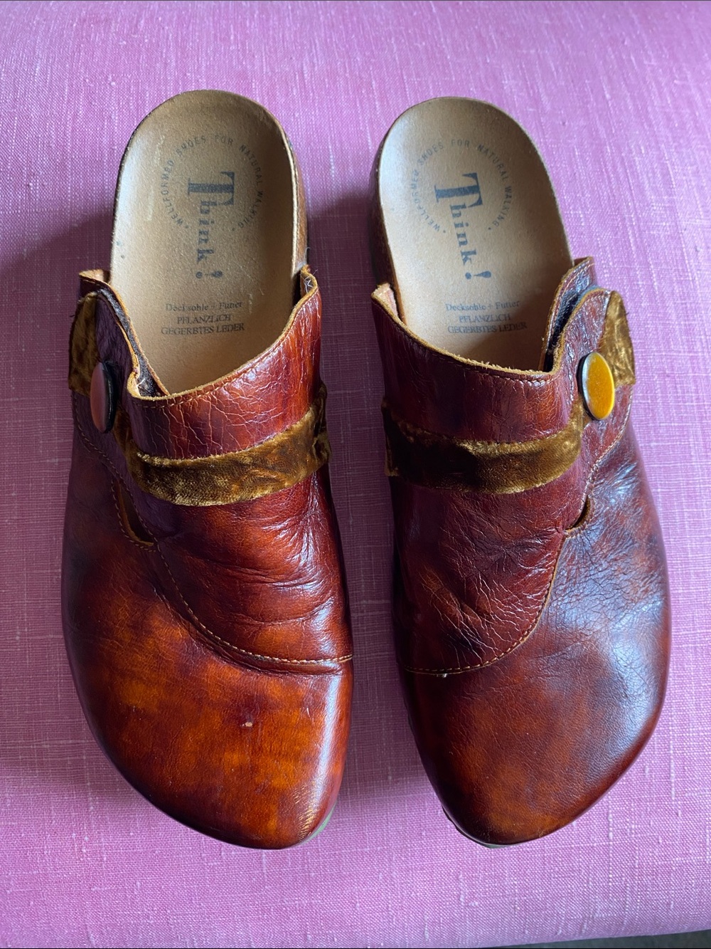 Think! Mule / clog shoes with velvet & button embellishment